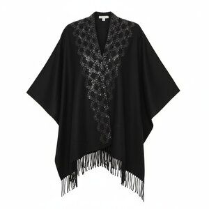 Jessica McClintock Black Fringe Kimono Wrap Silver/Gold Embellishment One Size